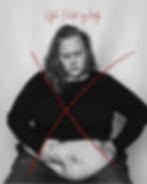 Black-and-white self-portrait of Amanda looking critically at her exposed belly, with the negative thought “Ugh. I hate my body” crossed out in red.
