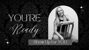 Black and white blog cover image featuring a smiling woman sitting on a metal chair with text overlay that reads ‘You’re Ready – Show Up for You,’ designed for confidence blog post by Avy Productions.