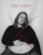 Black-and-white self-portrait of Amanda touching her exposed belly beneath the words “Maybe I should hide it,” with a red X rejecting the negative thought.