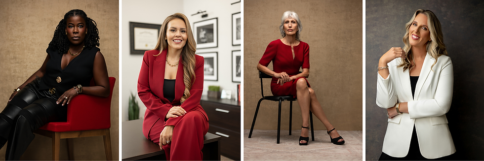 Four women in editorial portraits wearing black, red, and white, showcasing portrait and personal branding photography by Avy Productions serving The Villages, Florida.