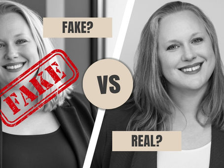 Side-by-side comparison of two smiling headshots of the same woman; the left image is labeled "FAKE?" with a red "FAKE" stamp over it, and the right image is labeled "REAL?" with a cleaner, more natural appearance. A beige circle with “VS” separates the two images. The photo critiques the difference between AI-generated and professional portraits.