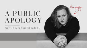 Black-and-white portrait of photographer Amanda Burch beside the words “A Public Apology to the Next Generation,” with red handwritten text reading “I’m sorry.”