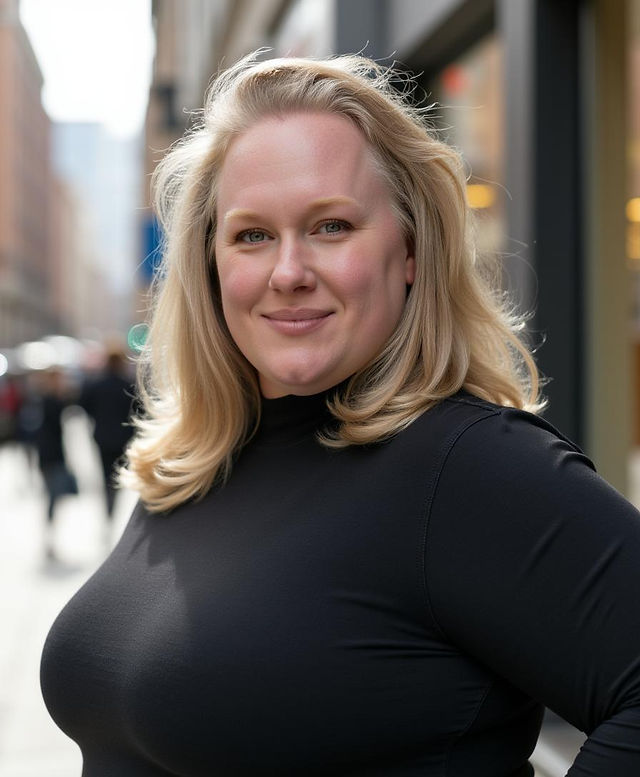 AI-generated image of a woman in a black top on a busy city street. The pose and lighting appear natural, but the facial features are slightly warped and hyper-smooth.