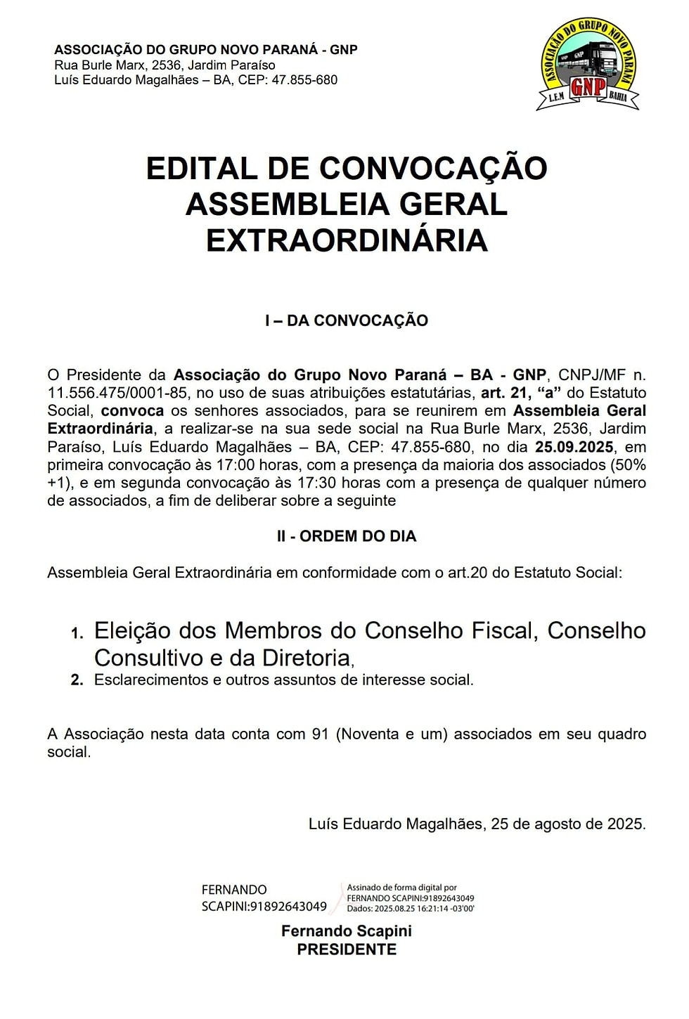 Edital de convocação para assembleia Geral extraordinária