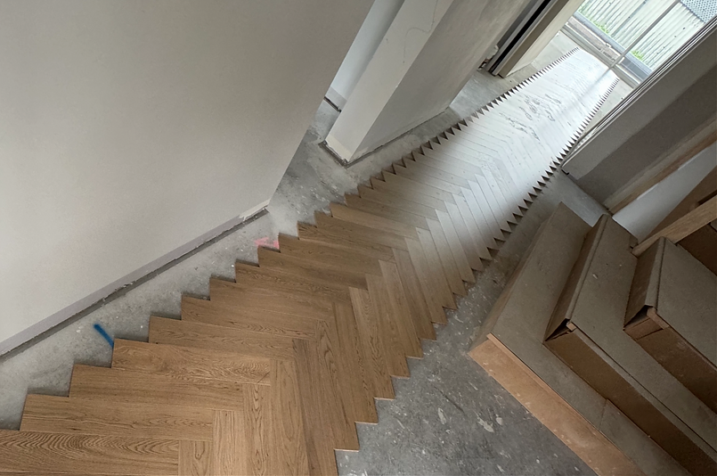 Herringbone starter line, showing importance of thought process in flooring
