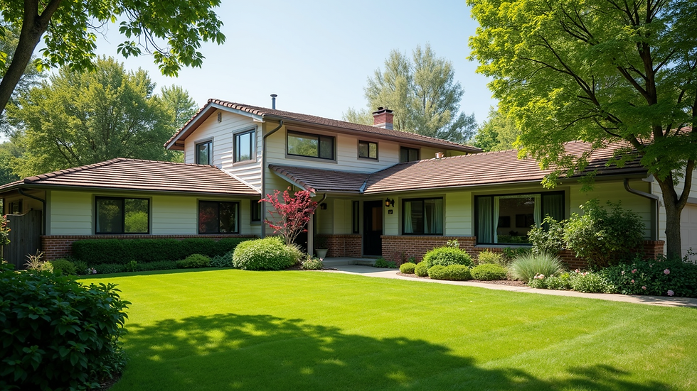 Wide angle view of a suburban home with a well-manicured lawn