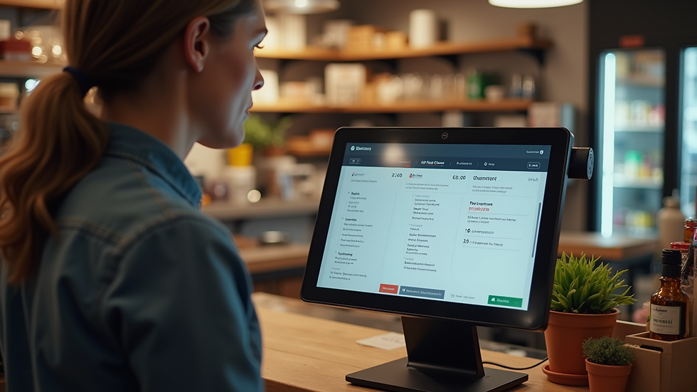 High angle view of a small business owner using a POS system with dual pricing options