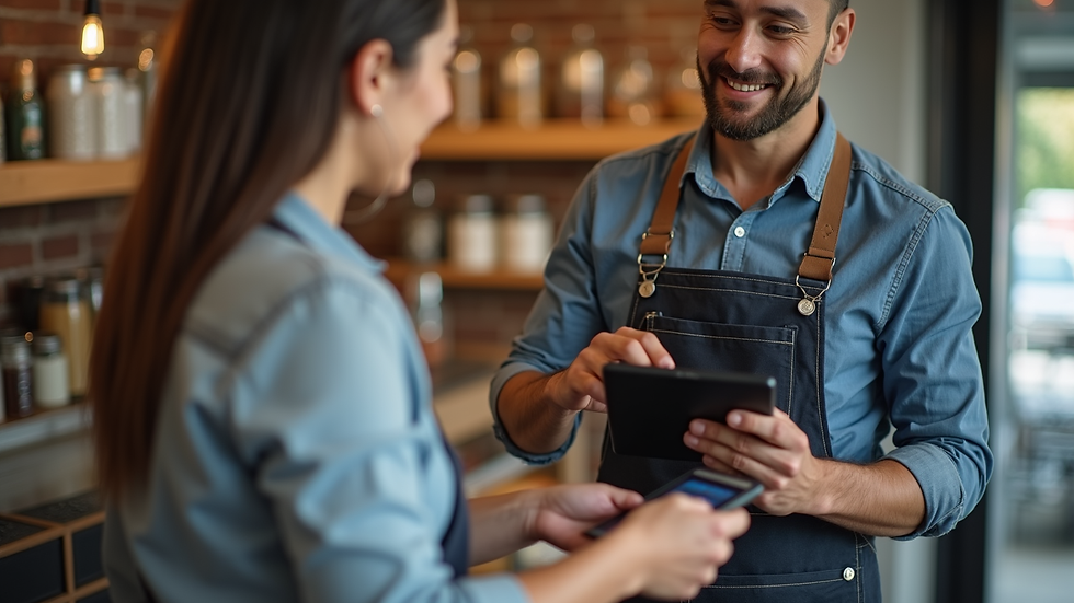 High angle view of a small business owner using a tablet to manage payments