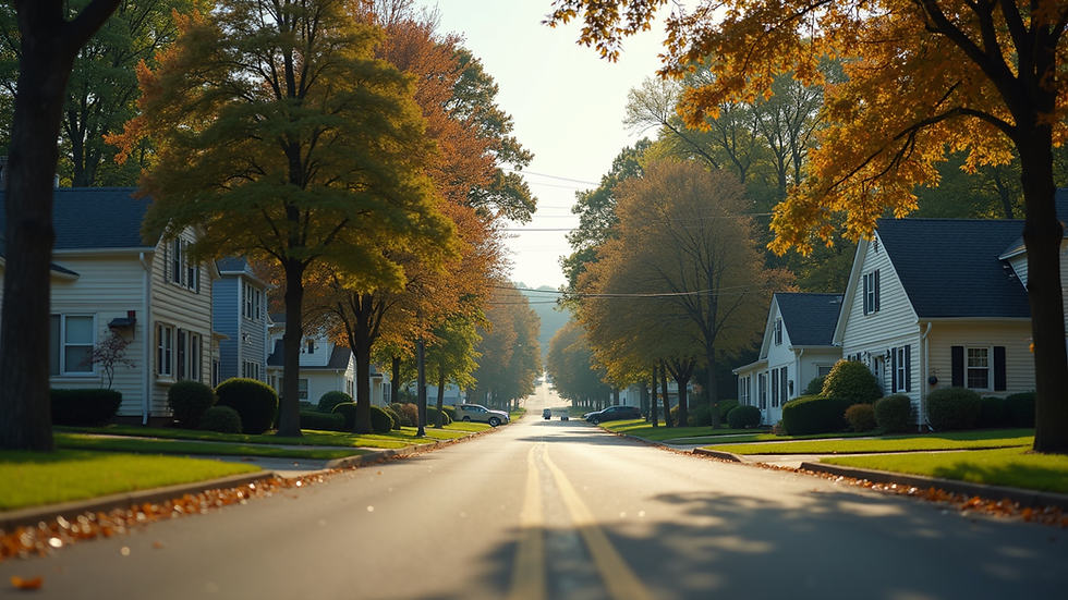 Eye-level view of a suburban Monmouth County neighborhood with single-family homes and tree-lined streets