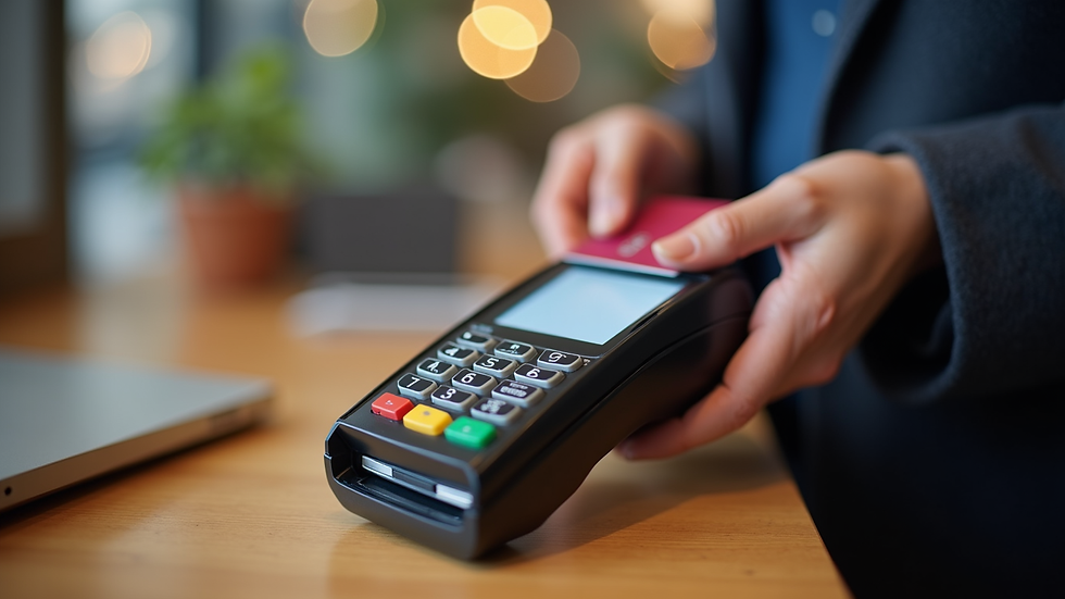 Close-up view of a payment terminal showing a credit card transaction