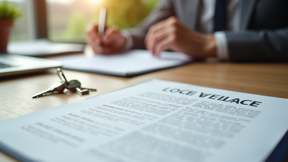 High angle view of a closing table with real estate documents and keys