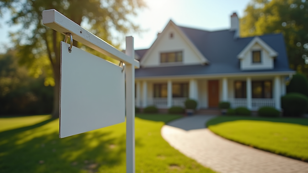 Eye-level view of a residential property with a "For Sale" sign in front