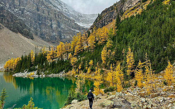 Autumn larch trees mountains mirror lake beautiful scenery.jpg
