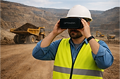 Mining worker in hard hat and high-visibility vest using the OPTOVERA device at an open-pit mine site before starting a shift