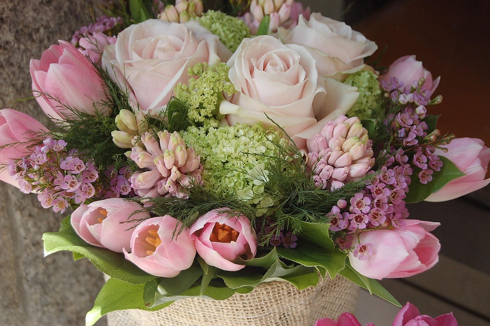 Bouquet of pink, white and green flowers | couples glamping | romantic break | shepherd hut holidays