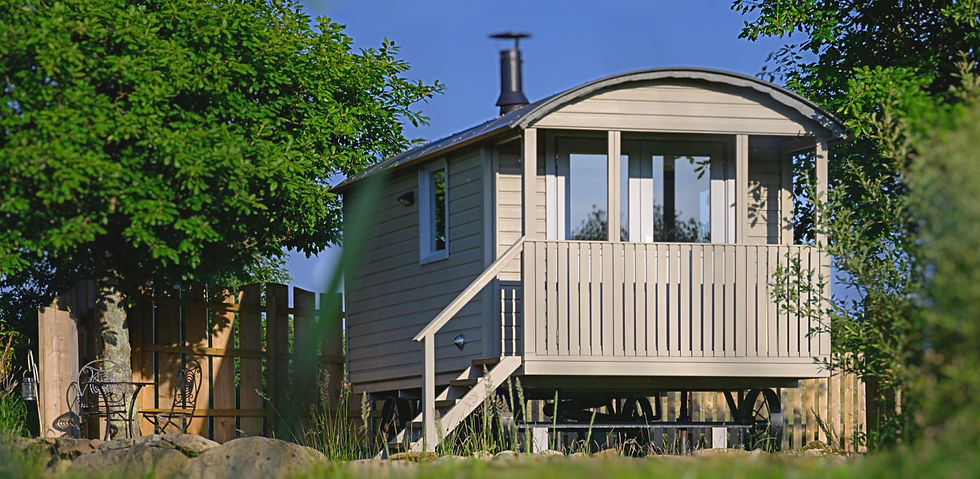 Exterior view of luxury shepherd hut | glamping | North Wales