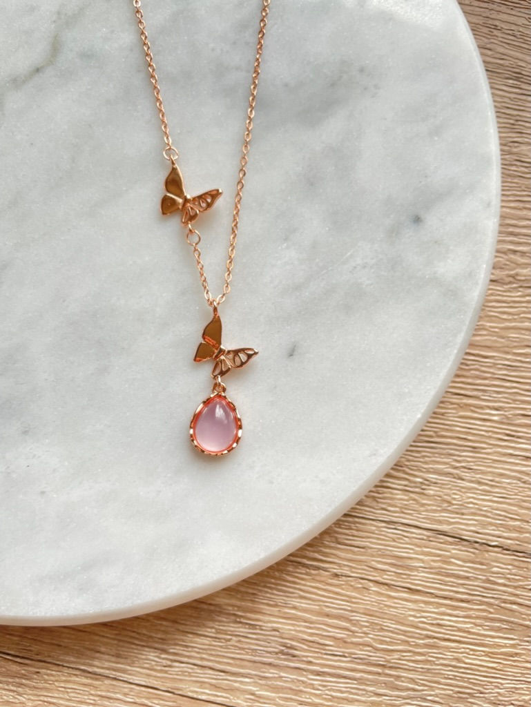 縮圖：【Willow｜森林系列】玫瑰粉紅金雙蝴蝶頸鏈