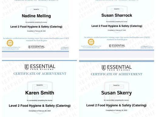 CLUB THANKS - FOOD HYGIENE CERTIFICATES