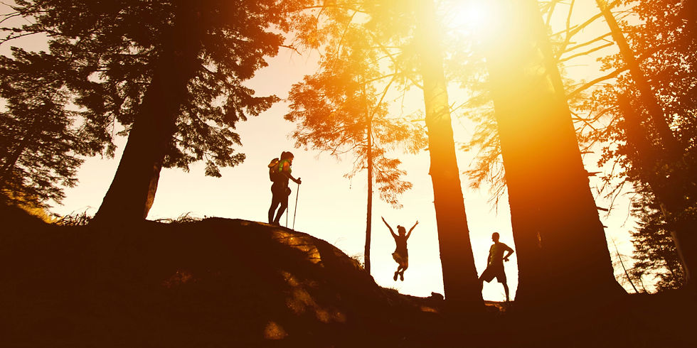 Silhouettes of three hikers in a forest during sunset; one jumps with joy, creating a vibrant and adventurous mood amidst orange hues.
