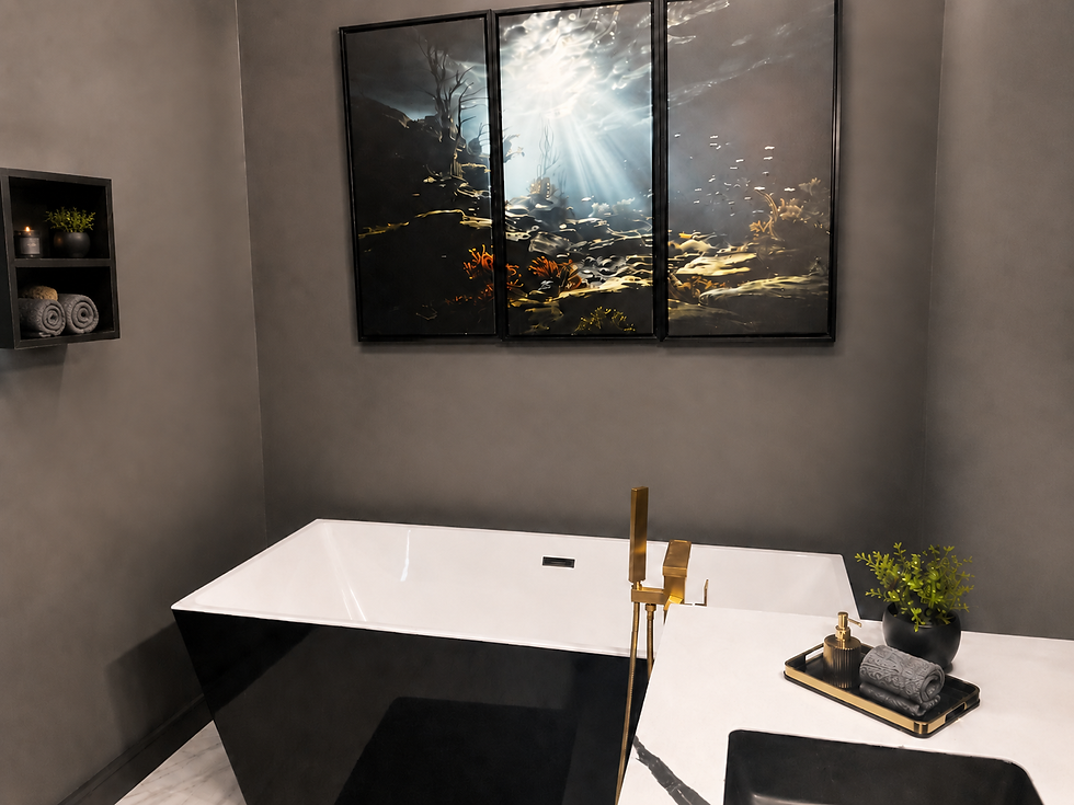 Modern dark bathroom with freestanding tub, gold fixtures, sink, towels, and ocean art above; calm, spa-like mood