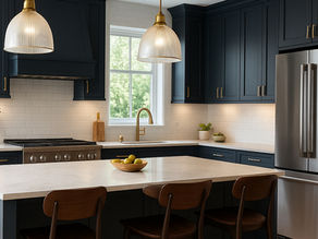 Contemporary Kitchen with Black Cabinets and Gold Fixtures and Finishes