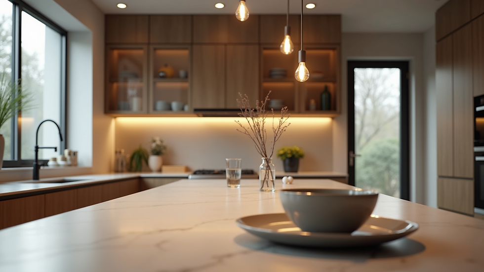 Eye-level view of a modern kitchen island with pendant lighting and storage