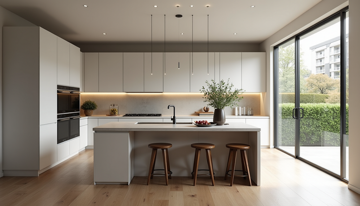 High angle view of a modern kitchen island with seating and accessible storage