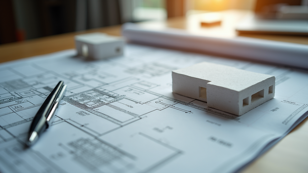 High angle view of architect’s desk with blueprints and scale model