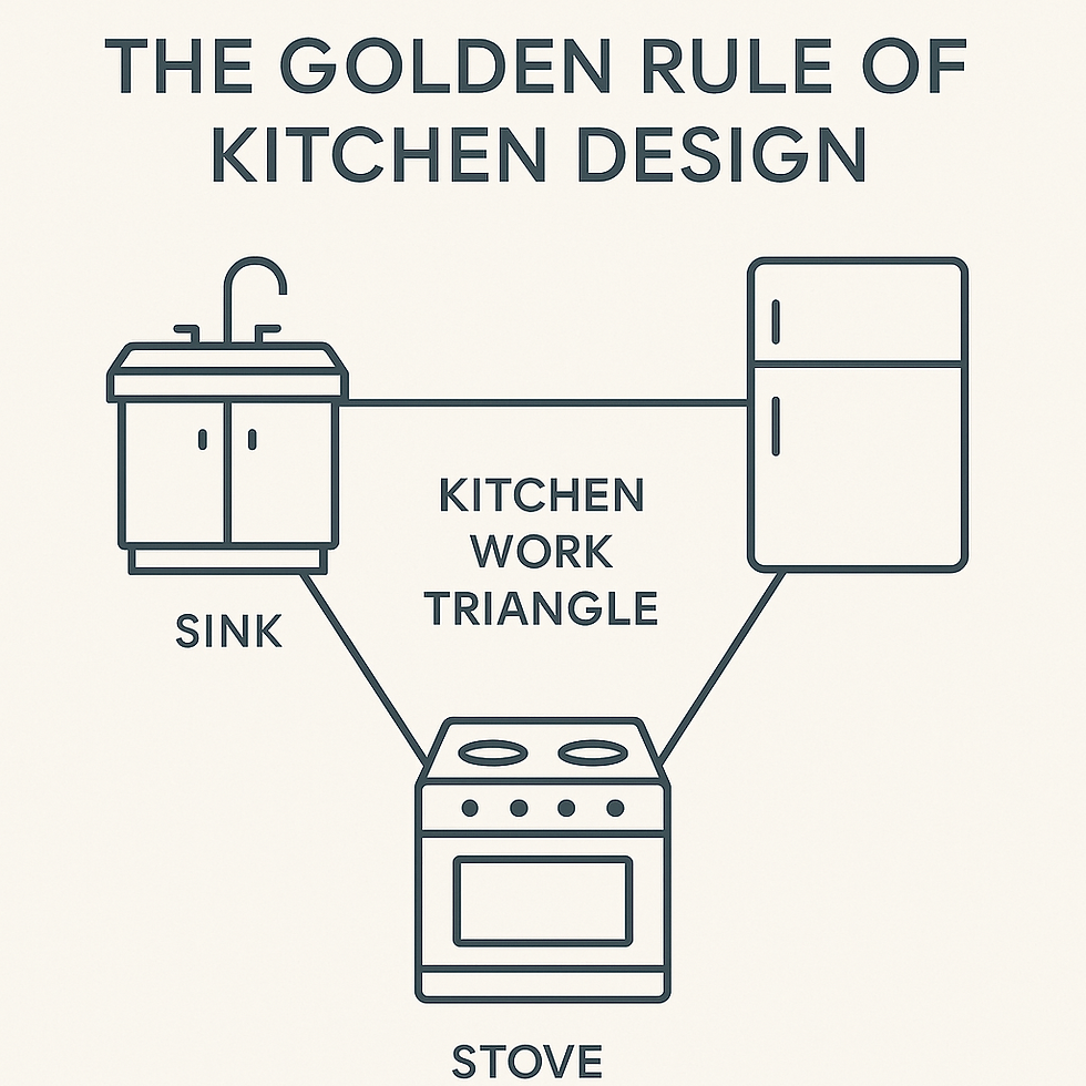 Diagram showing the kitchen work triangle with a sink, refrigerator, and stove. Text: "The Golden Rule of Kitchen Design." Minimalist design.