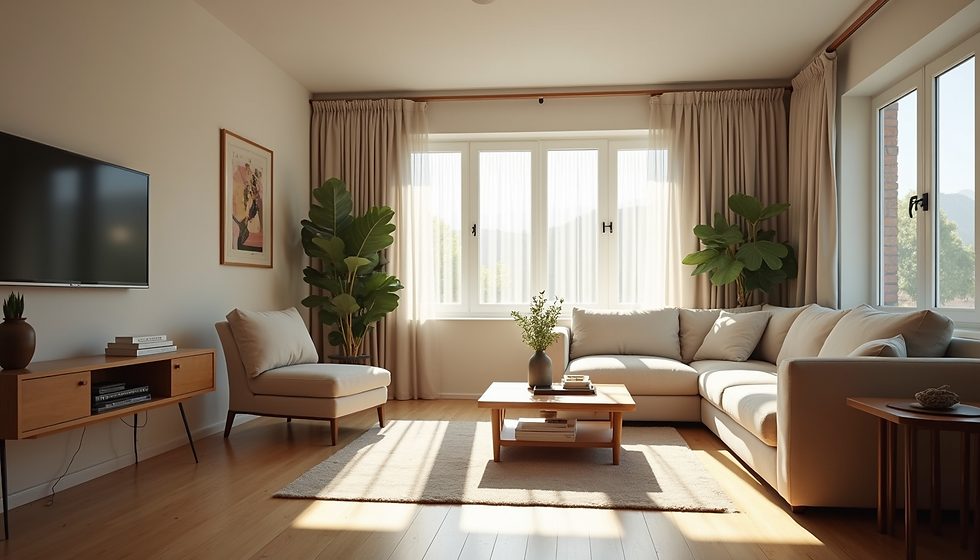 Eye-level view of a cozy living room with natural light and neutral tones
