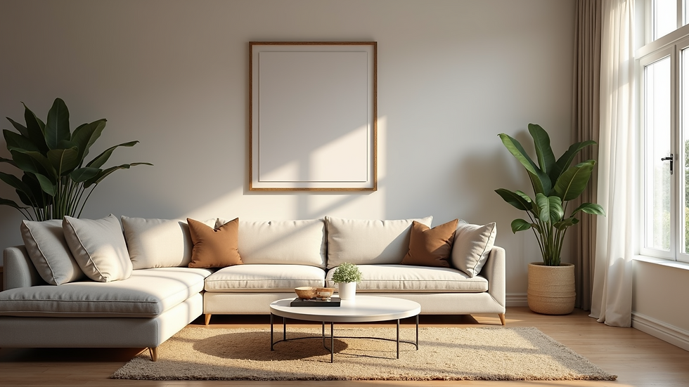 Eye-level view of a modern living room with local art and natural light