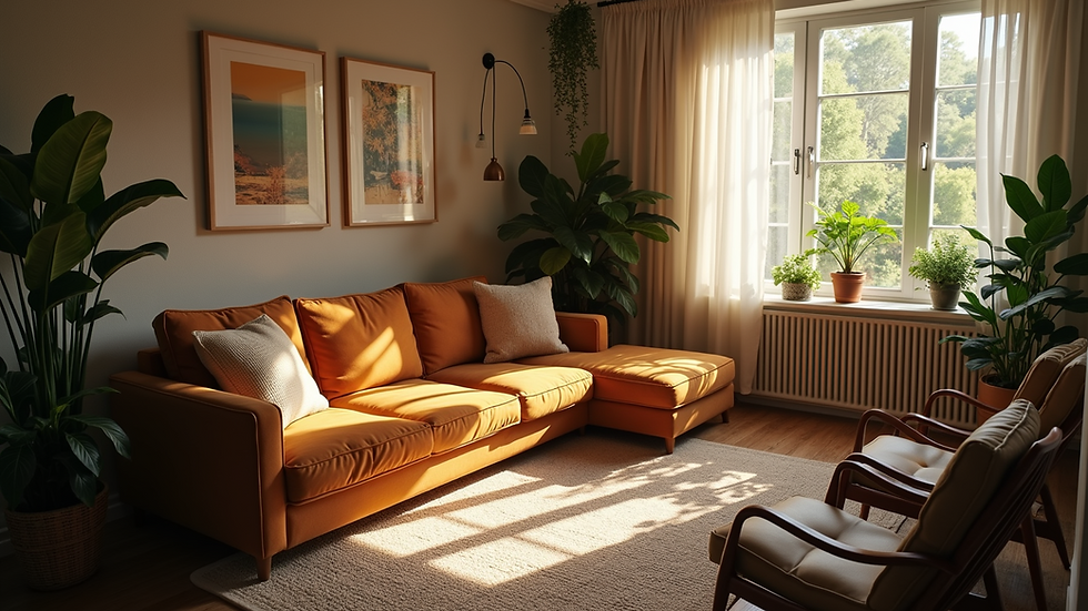 High angle view of a cozy living room with layered lighting and indoor plants