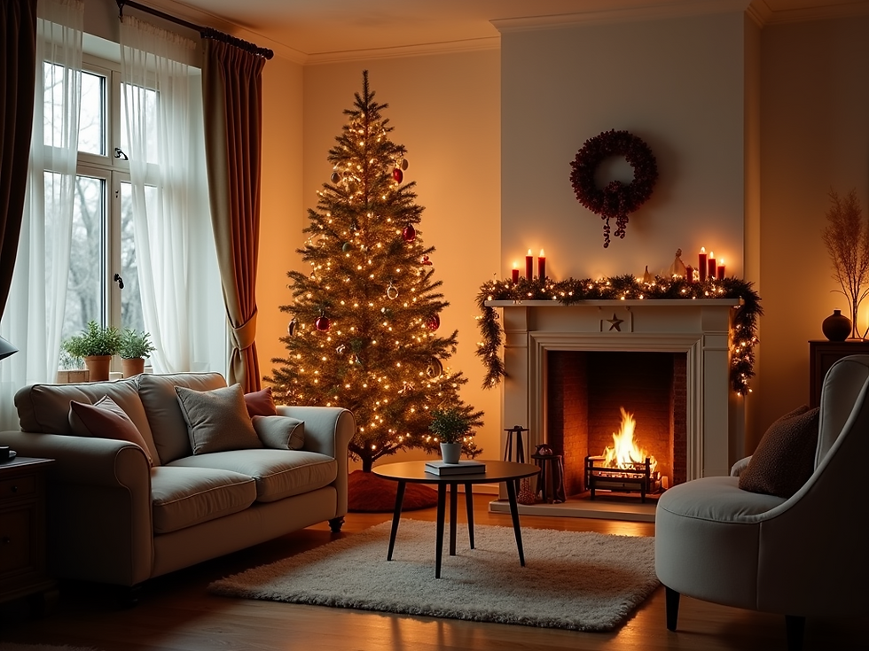 Cozy living room with a lit Christmas tree, glowing fireplace, wreath, and candles on mantel. Soft lighting and neutral tones create warmth.
