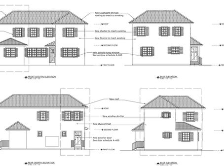 Architectural elevation drawings of a two-story house, showing new roof, shutters, stucco, windows, and exterior door labels.