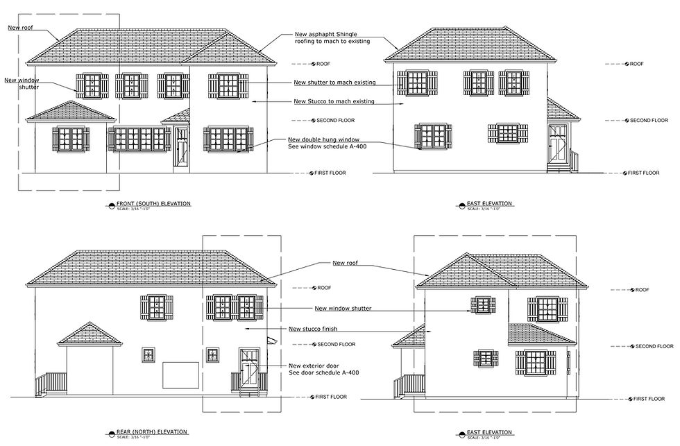 Architectural elevation drawings of a two-story house, showing new roof, shutters, stucco, windows, and exterior door labels.