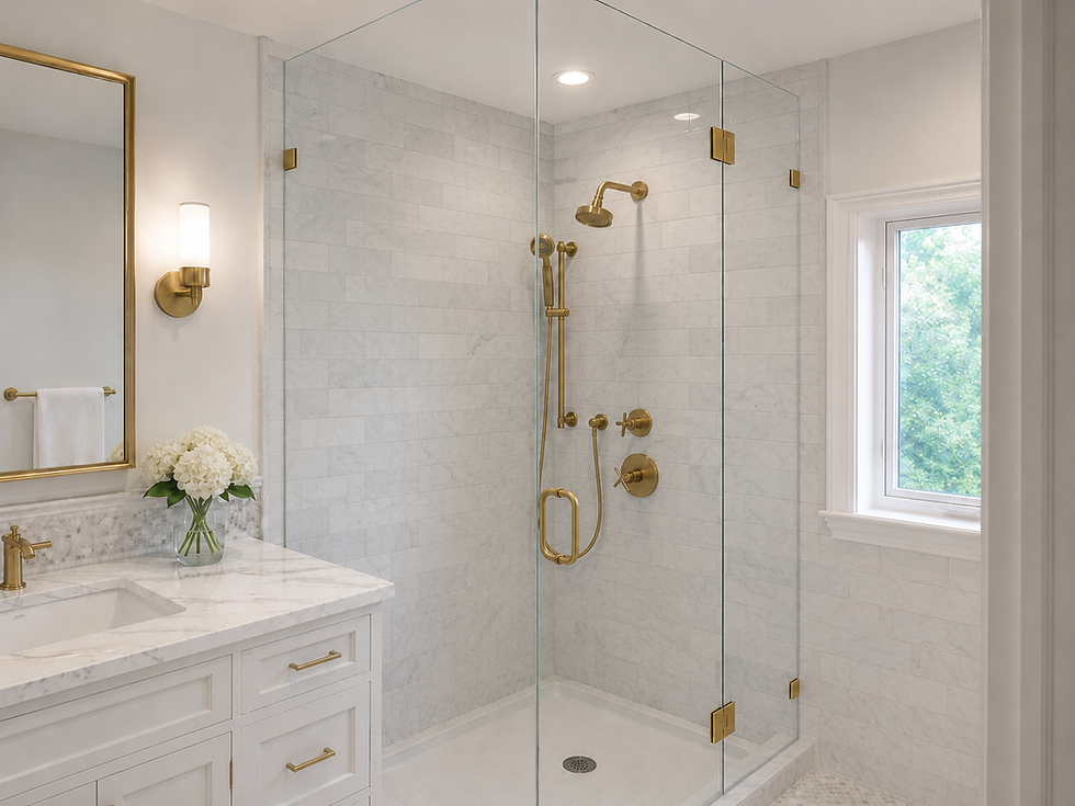 Bright marble bathroom with glass shower, gold fixtures, white vanity, flowers, and a sunlit window overlooking greenery