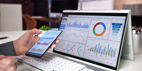 Business automation dashboard with real-time data analytics and Business Intelligence on laptop and smartphone