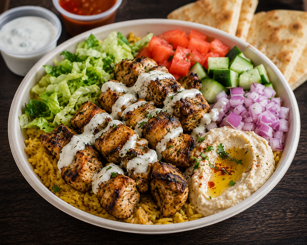 Landscape food photo of a bowl with grilled chicken skewers, yellow rice, lettuce, tomatoes, cucumbers, red onions and hummus, on a dark wood table