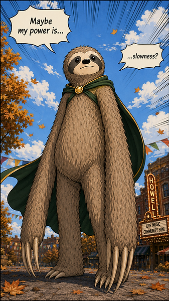 Sydney poses heroically beneath autumn leaves and wonders, “Maybe my power is… slowness?”
