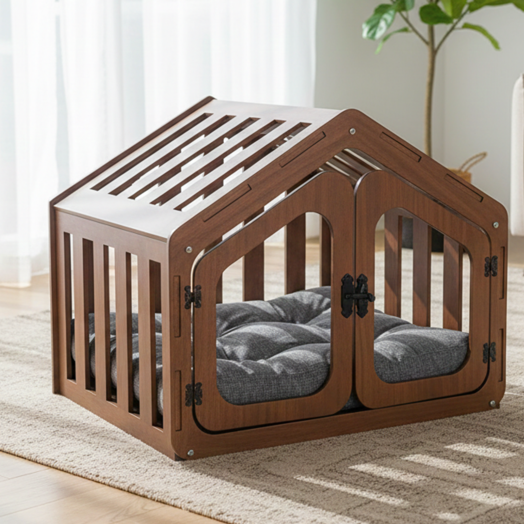 Togo-Modern Wooden Dog House, Indoor Cushioned Pet Crate with Slatted Design