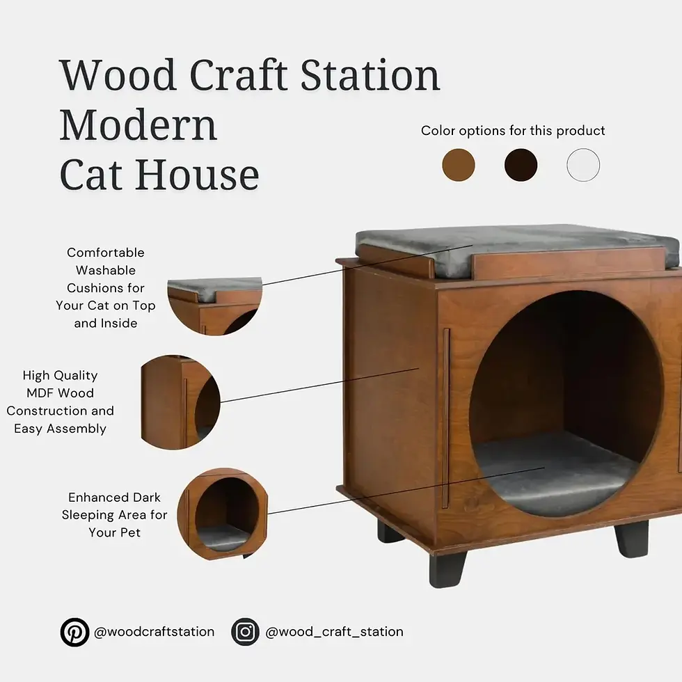 Thumbnail: Mid Century Inspired Wooden Cat House with Round Entrance and Cozy Pet Bed