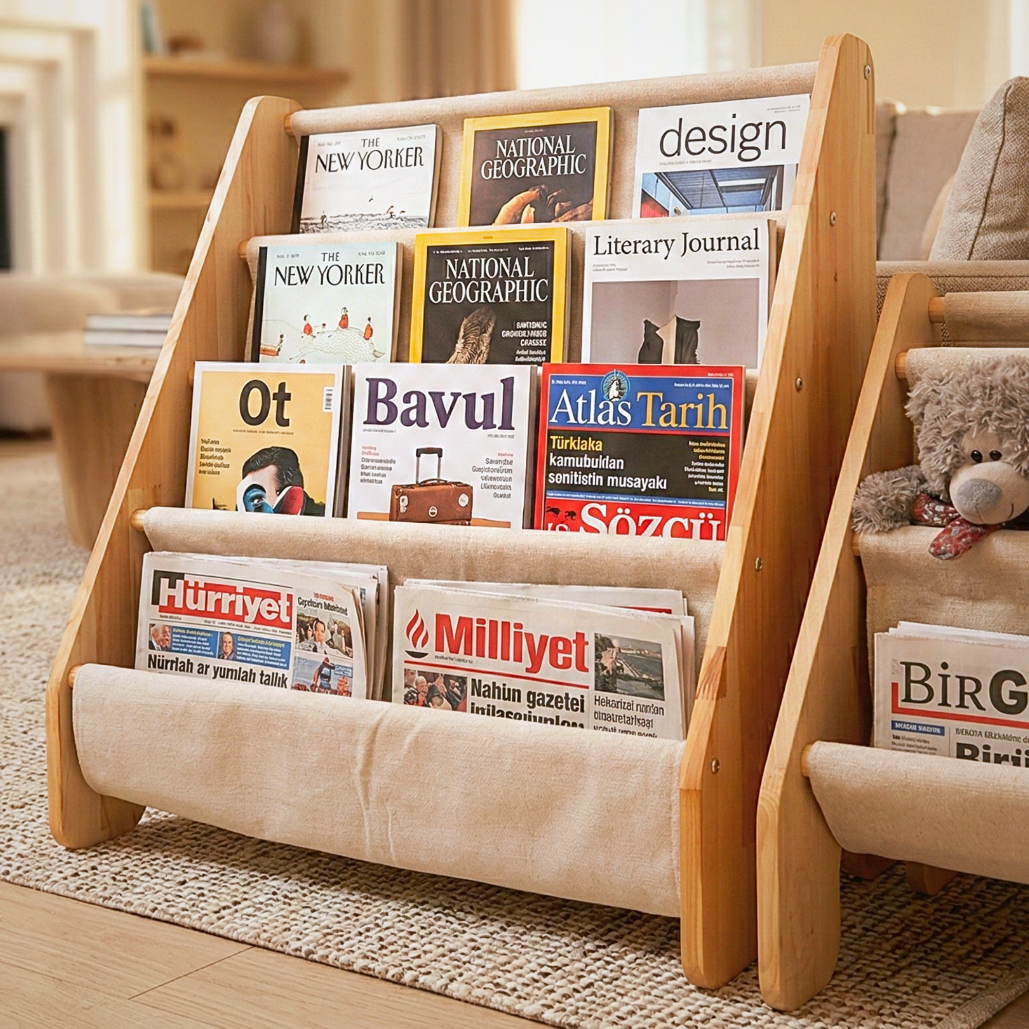 Large size wooden bookshelf with linen fabric slings with books and magazines