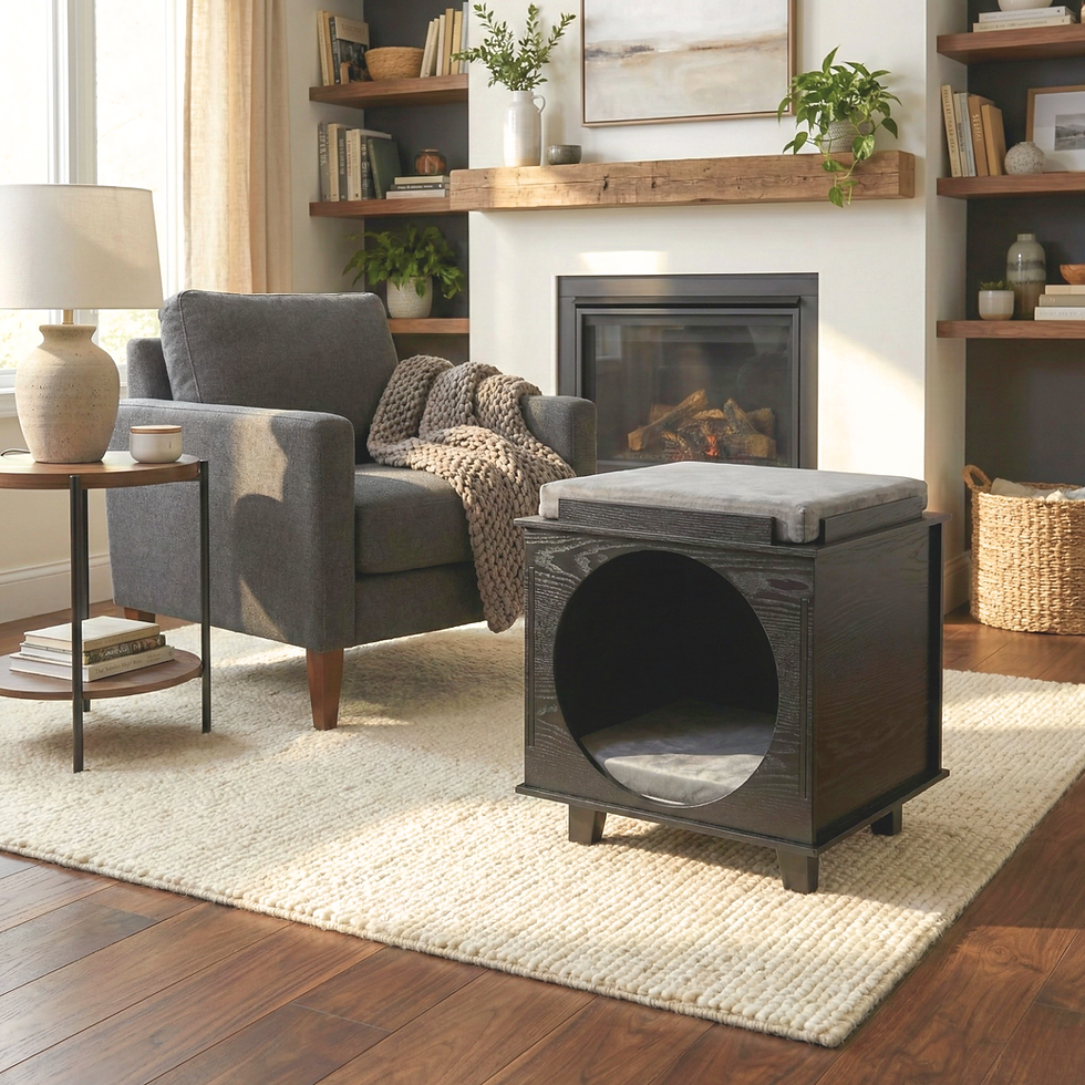 Thumbnail: Mid Century Inspired Wooden Cat House with Round Entrance and Cozy Pet Bed