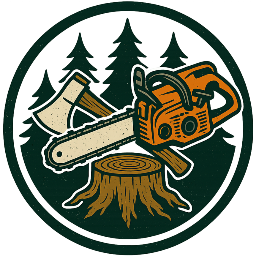 Motorsåg och yxa på trädstubbe