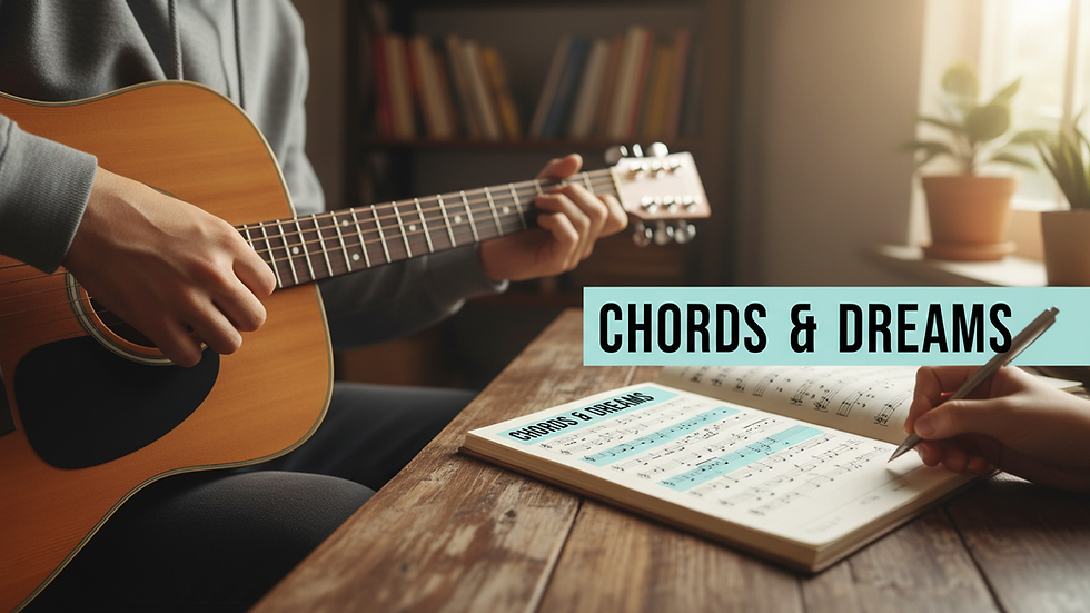 Close-up view of a guitar and a notebook with handwritten notes
