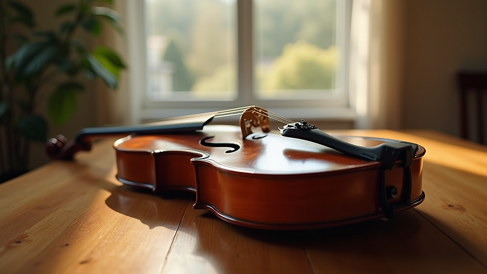 Eye-level view of a wooden table with a cello resting on it, soft natural light highlighting the instrument