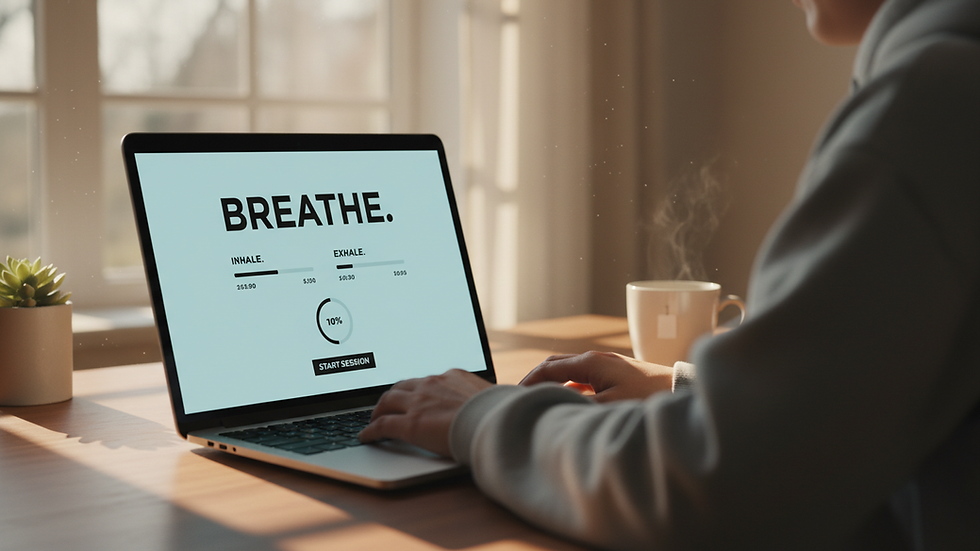 Eye-level view of a laptop screen showing a breathwork app interface