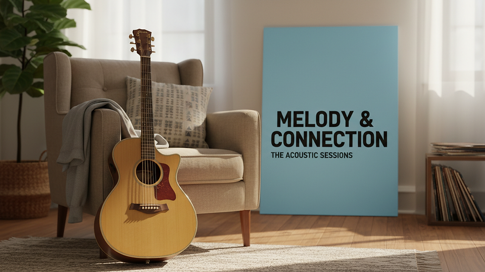 Eye-level view of acoustic guitar resting on a chair in a cozy room