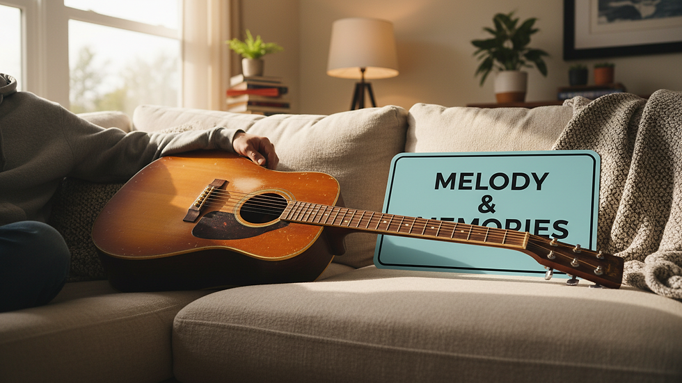 Eye-level view of a guitar resting on a cozy living room couch