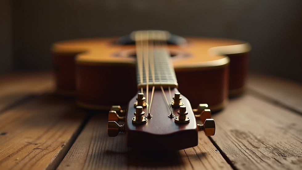 Close-up view of a guitar resting on a wooden surface